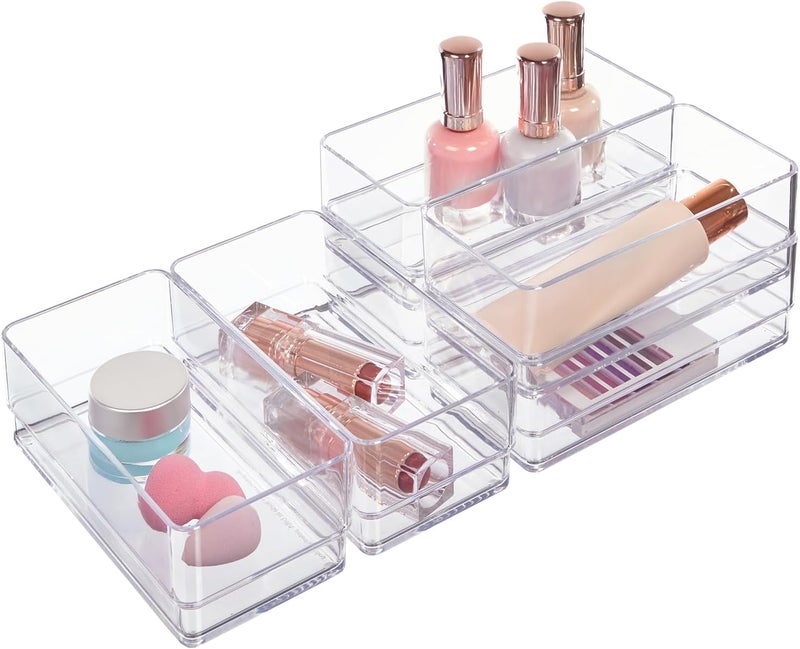 STORi SimpleSort 6-Piece Stackable Clear Drawer Organizer Set | 6" x 3" x 2" Rectangle Trays | Small Makeup Vanity Storage Bins and Office Desk Drawer Dividers | Made in USA - Image 1